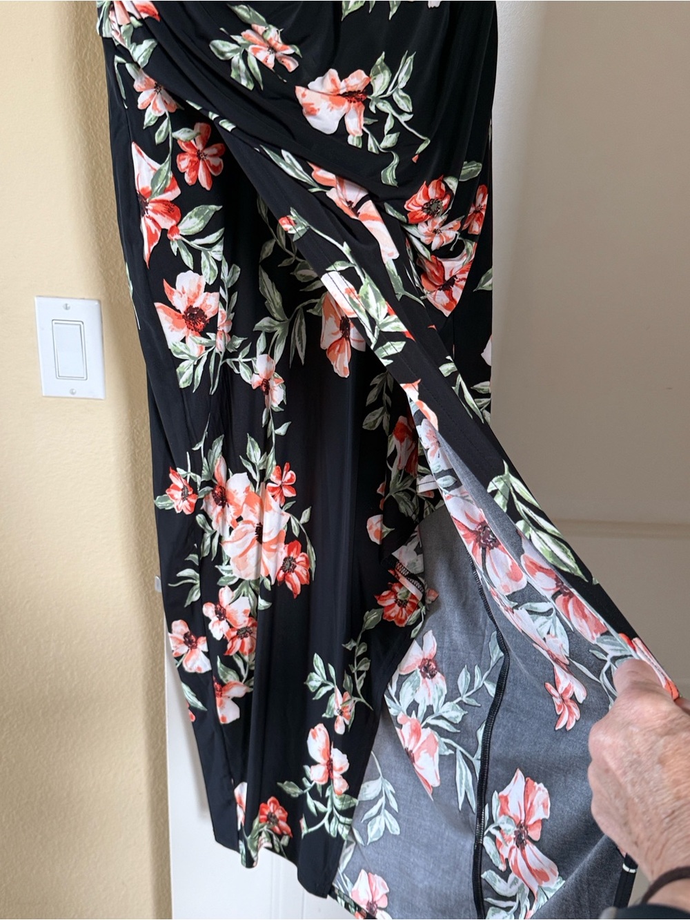 RACHEL Rachel Roy Black Floral Dress with Peach &Green Accents wrap front& skirt - Picture 5 of 7